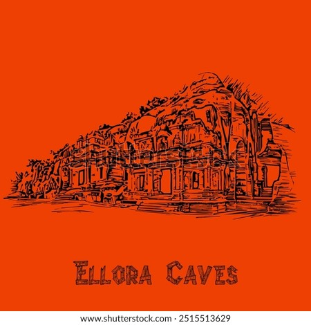 Ellora Caves: A Marvel of Ancient Indian Architecture and Spiritual Heritage, vector sketch.