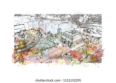 Ellora Caves, Tourist attraction in Verul, Maharashtra, India. Watercolor splash with hand drawn sketch illustration in vector.