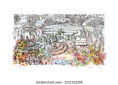 Ellora Caves, Tourist attraction in Verul, Maharashtra, India. Watercolor splash with hand drawn sketch illustration in vector.