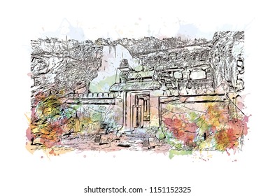 Ellora Caves, Tourist attraction in Verul, Maharashtra, India. Watercolor splash with hand drawn sketch illustration in vector.