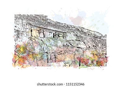 Ellora Caves, Tourist attraction in Verul, Maharashtra, India. Watercolor splash with hand drawn sketch illustration in vector.