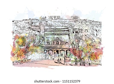 Ellora Caves, Tourist attraction in Verul, Maharashtra, India. Watercolor splash with hand drawn sketch illustration in vector.