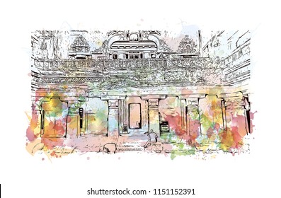 Ellora Caves, Tourist attraction in Verul, Maharashtra, India. Watercolor splash with hand drawn sketch illustration in vector.