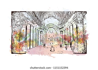 Ellora Caves, Tourist attraction in Verul, Maharashtra, India. Watercolor splash with hand drawn sketch illustration in vector.