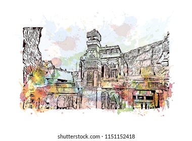 Ellora Caves, Tourist attraction in Verul, Maharashtra, India. Watercolor splash with hand drawn sketch illustration in vector.