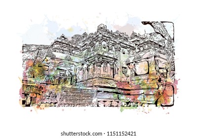 Ellora Caves, Tourist attraction in Verul, Maharashtra, India. Watercolor splash with hand drawn sketch illustration in vector.