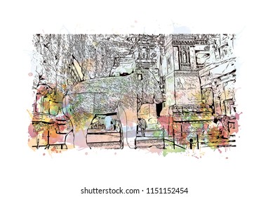 Ellora Caves, Tourist attraction in Verul, Maharashtra, India. Watercolor splash with hand drawn sketch illustration in vector.