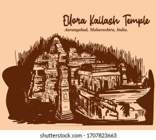 Ellora Kailash Temple Aurangabad, Maharashtra, India. sketch to vector illustrator
