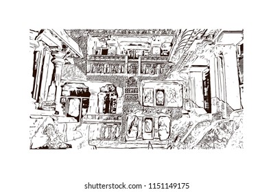 Ellora, located in the Aurangabad district of Maharashtra, India, is one of the largest rock-cut monastery-temple cave complexes in the world. Hand drawn sketch illustration in vector.