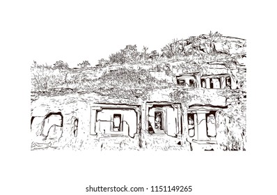 Ellora, located in the Aurangabad district of Maharashtra, India, is one of the largest rock-cut monastery-temple cave complexes in the world. Hand drawn sketch illustration in vector.
