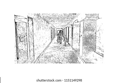 Ellora, located in the Aurangabad district of Maharashtra, India, is one of the largest rock-cut monastery-temple cave complexes in the world. Hand drawn sketch illustration in vector.