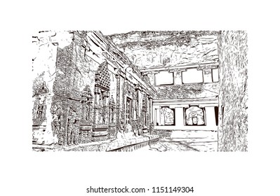 Ellora, located in the Aurangabad district of Maharashtra, India, is one of the largest rock-cut monastery-temple cave complexes in the world. Hand drawn sketch illustration in vector.