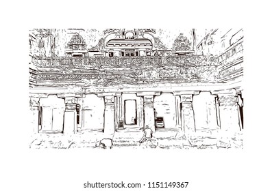 Ellora, located in the Aurangabad district of Maharashtra, India, is one of the largest rock-cut monastery-temple cave complexes in the world. Hand drawn sketch illustration in vector.