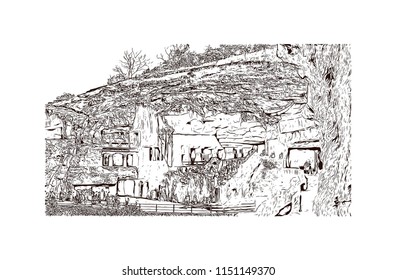 Ellora, located in the Aurangabad district of Maharashtra, India, is one of the largest rock-cut monastery-temple cave complexes in the world. Hand drawn sketch illustration in vector.