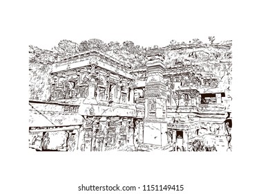 Ellora, located in the Aurangabad district of Maharashtra, India, is one of the largest rock-cut monastery-temple cave complexes in the world. Hand drawn sketch illustration in vector.