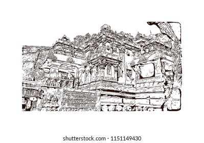 Ellora, located in the Aurangabad district of Maharashtra, India, is one of the largest rock-cut monastery-temple cave complexes in the world. Hand drawn sketch illustration in vector.