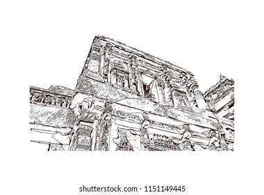 Ellora, located in the Aurangabad district of Maharashtra, India, is one of the largest rock-cut monastery-temple cave complexes in the world. Hand drawn sketch illustration in vector.
