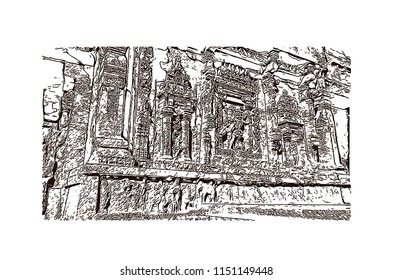 Ellora, located in the Aurangabad district of Maharashtra, India, is one of the largest rock-cut monastery-temple cave complexes in the world. Hand drawn sketch illustration in vector.