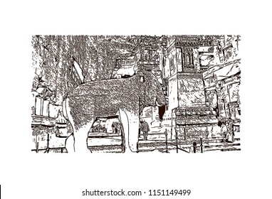 Ellora, located in the Aurangabad district of Maharashtra, India, is one of the largest rock-cut monastery-temple cave complexes in the world. Hand drawn sketch illustration in vector.