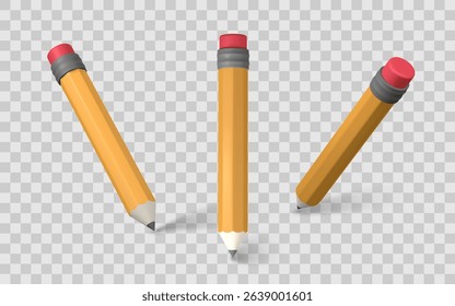 ellow Pencil Set In Various Angles On Transparent Background, 3D Realistic Style For School, Writing, Education, And Design Concepts. Clean And Minimal Look. Vector Illustration.