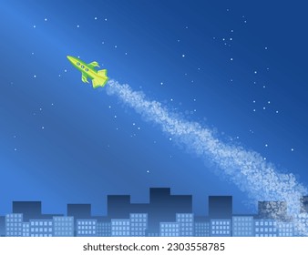 cohete amarillo volando en ilustración vectorial del cielo nocturno. Dibujo de aeronaves que contraigan o fumen por encima de los edificios de la ciudad, efecto final o nube de nave espacial. Aviación, transporte, concepto espacial