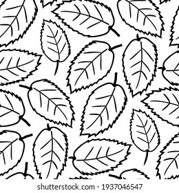 Elm leaf seamless vector pattern background. Hand drawn black line art single leaves on white backdrop. Dense botanical design. Multidirectional foliage repeat print for nature wellbeing concept