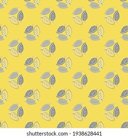 Elm leaf seamless vector pattern background. Backdrop of groups of hand drawn yellow grey leaves with offset silhouette color. Geometric botanical foliage design. All over print for nature, wellbeing