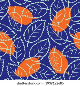Elm leaf seamless vector pattern background. Hand drawn line art outline leaves and silhouette shadow neon orange indigo backdrop. Texture botanical design. Foliage repeat for nature wellbeing concept