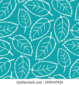 Elm leaf seamless vector pattern background. Hand drawn white line art single leaves on aqua blue backdrop. Dense botanical design. Multidirectional foliage repeat print for nature wellbeing concept