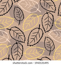Elm leaf seamless vector pattern background. Hand drawn line art single leaves and silhouette shadows brown backdrop. Dense botanical design. Foliage repeat print for nature wellbeing concept