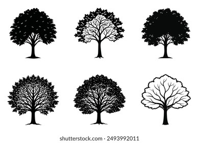 Elm tree silhouette collection vector illustration