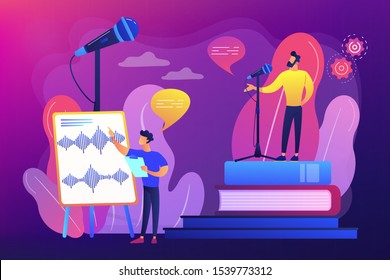 Lección de locución. Mejora del discurso. Estudio de grabación. Formación de voz y voz, técnicas de proyección de voz, mejora tu concepto de habilidades habladas. Ilustración aislada del vector violeta brillante brillante brillante brillante