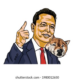 Elon Musk And Doge Dogecoin Shiba Inu Dog Vector Cartoon Portrait Illustration. Los Angeles, May 26, 2021