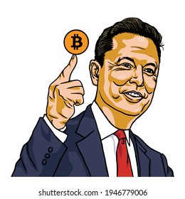 Elon Musk Holding Bitcoin Vector Cartoon Portrait Illustration. Los Angeles, March 31, 2021