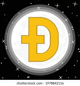 Elon Musk sends the Dogecoin dog to the moon - concept. The large Ð dogecoin symbol on the moon symbolizes the arrival of the dogecoin to the moon. - Poster Vector Illustration.