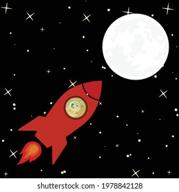 Elon Musk sends the Dogecoin dog to the moon - concept. Dogecoin in the red spaceship flies to the moon diagonally.  Stars sky background. - Poster Vector Illustration.