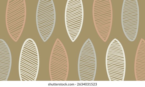 Elongated abstract leaf forms filled with textured lines, using pastel earth tones for a nature-inspired aesthetic.