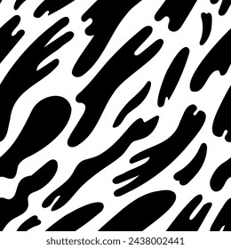 Elongated black paint stains diagonally organized on white backdrop in vector seamless pattern. Appealing surface art with splashes of black paint for printing or use in graphic design projects.