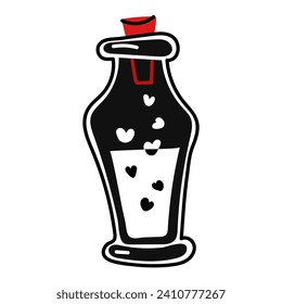 An elongated bottle with a black love potion for Valentine's Day. Isolated vector doodle illustration in red and black colors. A closed bottle with bubbling liquid and hearts for lovers. Contour lines