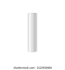 Elongated cylinder tube packaging for snacks and chips products, realistic template vector illustration isolated on white background. Blank white container mockup.