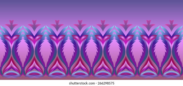 Elongated fluffy blue-pink-purple border in the form of a pattern of stylized sand of hours, consisting of triangles.