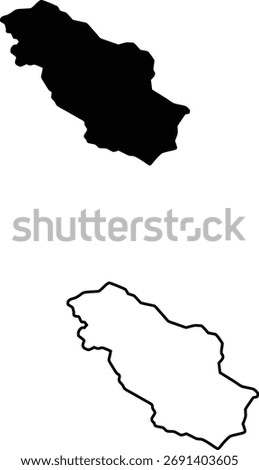 An elongated geographical shape is shown in two versions: a solid black silhouette and a sharp black outline against a white background.