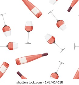 Elongated Glass Bottle And Glass Of Rose Wine Background. Seamless Pattern With Alcohol Drink.