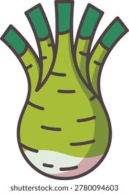 Elongated green root vegetable with green stalks and white base