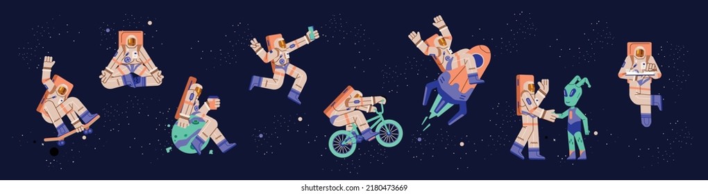 Elongated horizontal banner with cute astronauts and space aliens characters, flat cartoon vector illustration. Space explorers and cosmic alien creatures.