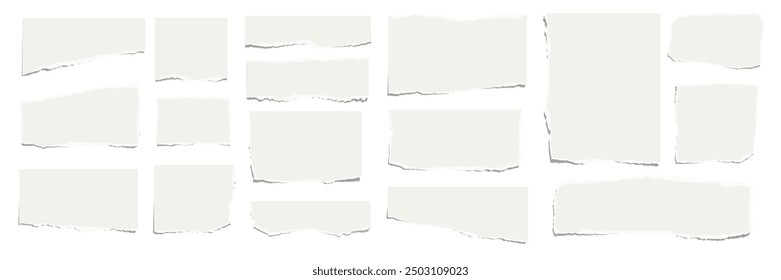 Elongated horizontal set of torn pieces of paper isolated on a white background. Paper collage. Vector illustration.