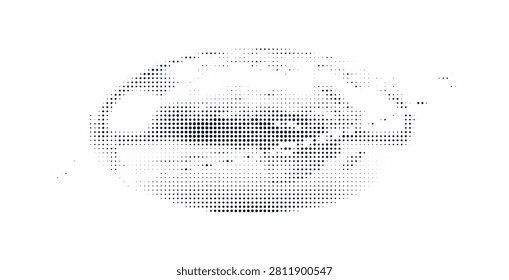 Elongated oval shape created with a halftone dot gradient. Denser concentration of black circles in the center, fading towards the outer edges.