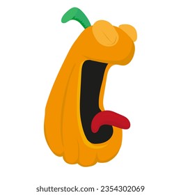 An elongated pumpkin in the form of a screaming head with a protruding tongue and closed eyes. Halloween symbol. Vector graphics. Flat design, cartoon style