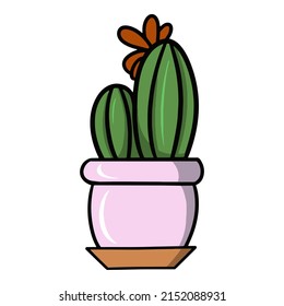 Elongated rounded green cactus with a red flower in a light pink ceramic pot, cartoon vector illustration on a white background