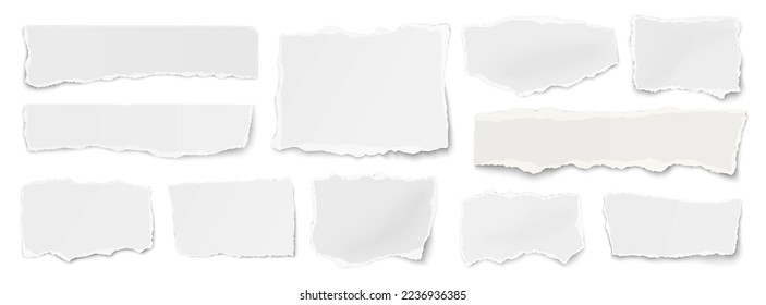 Elongated set of paper different shapes ripped scraps fragments wisps isolated on white background. Vector illustration.